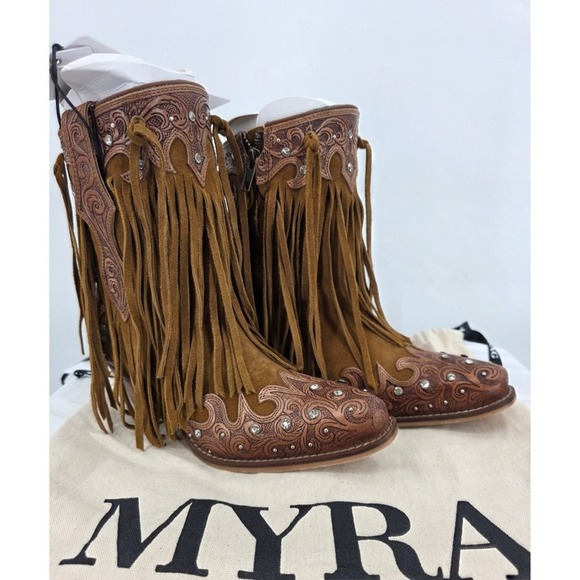 Myra Bag Shoes - Myra Goldrush Suede Fringe Western Boots Tooled Leather Rhinestone Size‎ 10 NWT